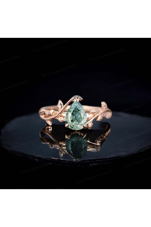 7x5 MM/ Pear Cut Natural Moss Agate Twig Solitaire Ring Rose Gold Wedding Jewelry Art Deco Statement Gift