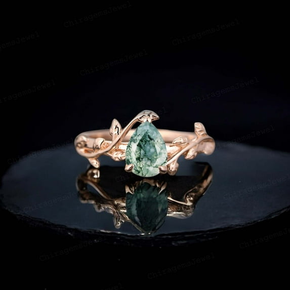 CHIRAGEMSJEWEL 7x5 MM/ Pear Cut Natural Moss Agate Twig Solitaire Ring Rose Gold Wedding Jewelry Art Deco Statement Gift