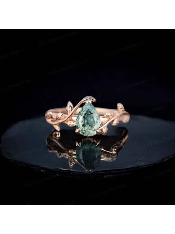 7x5 MM/ Pear Cut Natural Moss Agate Twig Solitaire Ring Rose Gold Wedding Jewelry Art Deco Statement Gift