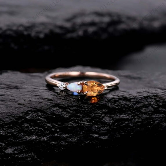 CHIRAGEMSJEWEL 7x5 MM / Vintage Yellow Citrine Opal Engagement Ring,Pear Cut Gems,Art Deco Moissanite Wedding Band,3 Stone Unique Women Bridal Promise Ring,