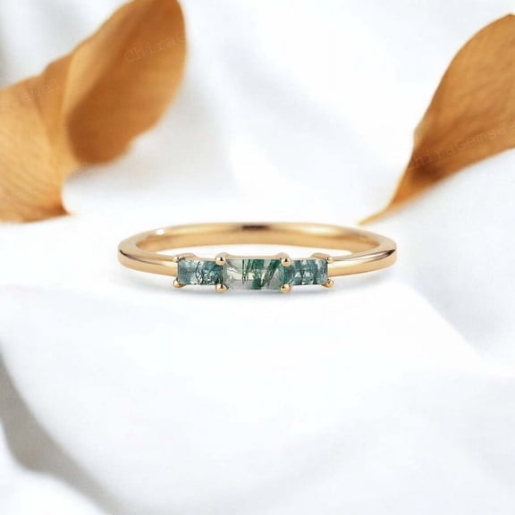 CHIRAGEMSJEWEL 8X4MM / 0.75 ct Baguette Cut Moss Agate Engagement Ring, Natural Gemstone Art Deco Jewelry New Year Gift for Love