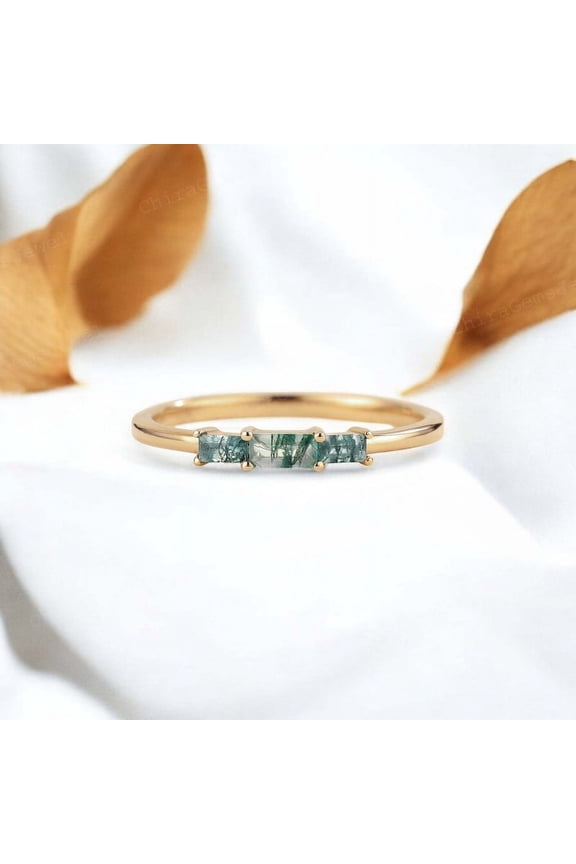 8X4MM / 0.75 ct Baguette Cut Moss Agate Engagement Ring, Natural Gemstone Art Deco Jewelry New Year Gift for Love