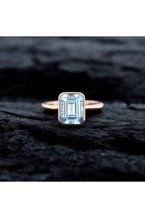 8X6MM / 1.5 Ct Aquamarine Promise Ring ,March Birthstone Bezel Setting Solitaire Ring Christmas Gift for Love