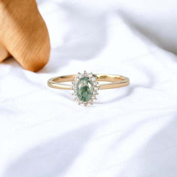 CHIRAGEMSJEWEL 8X6MM/ 1ct Oval Shape Moss Agate Bridal Wedding Ring, Diamond Halo Ring - Art Deco Birthday Gift Ring