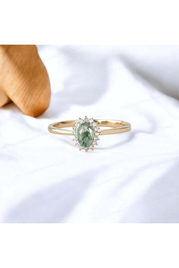 8X6MM/ 1ct Oval Shape Moss Agate Bridal Wedding Ring, Diamond Halo Ring - Art Deco Birthday Gift Ring