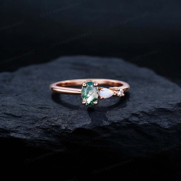 CHIRAGEMSJEWEL 8x6 MM / Natural Moss Agate Opal Engagement Ring Art Deco Diamond Bridal Ring Bridal Promise Gift Rose Gold Hanmdade Jewelry