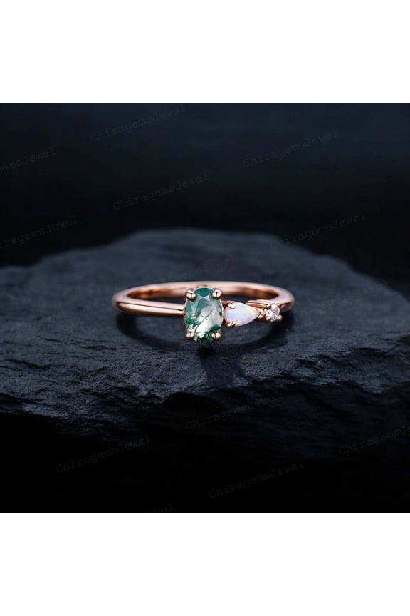8x6 MM / Natural Moss Agate Opal Engagement Ring Art Deco Diamond Bridal Ring Bridal Promise Gift Rose Gold Hanmdade Jewelry
