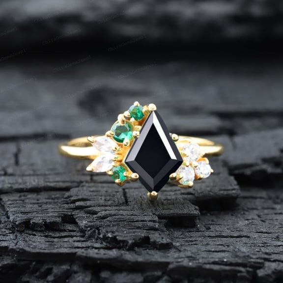 CHIRAGEMSJEWEL 9X7MM / 1.5 ct Kite Shape Onyx Engagement Ring , Round & Emerald Cut Cluster Ring Proposal Gift for Girlfriend