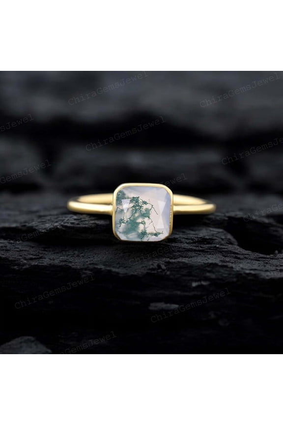 Cushion Cut Moss Agate Solitaire Ring, 1 ct / 7MM Natural Gemstone Bezel Setting Ring Proposal Gift for Girlfriend