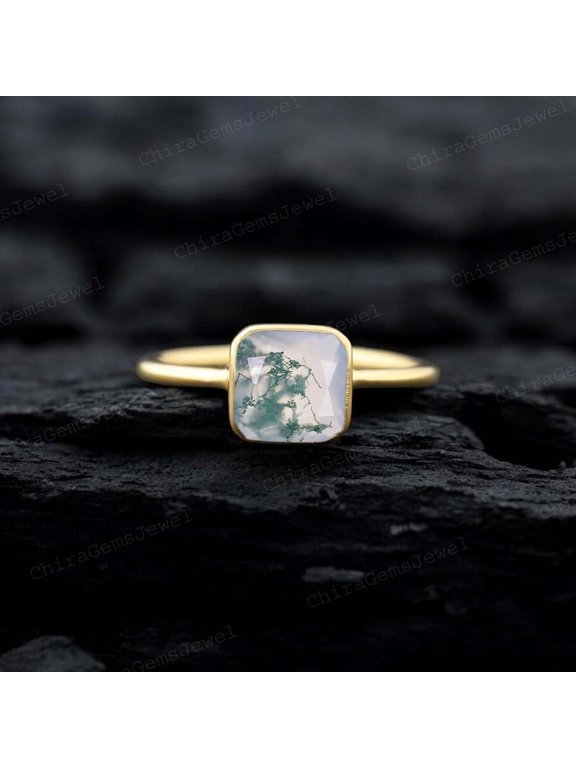 Cushion Cut Moss Agate Solitaire Ring, 1 ct / 7MM Natural Gemstone Bezel Setting Ring Proposal Gift for Girlfriend