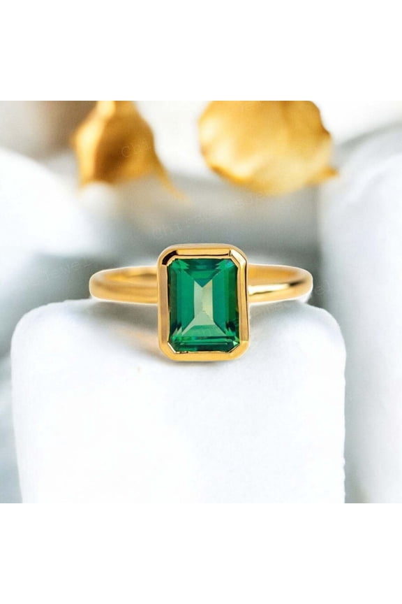 Green Emerald Solitaire Promise Ring, 8X6MM/1.5ct Bezel Setting May Birthstone Gemstone Valentine Day Gift for Love