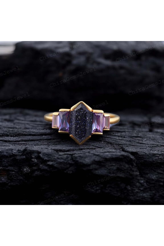Long Hexagon Sandstone Wedding Ring , Amethyst Cluster Ring , 9X5MM / 1.5ct Christmas Gift for Love