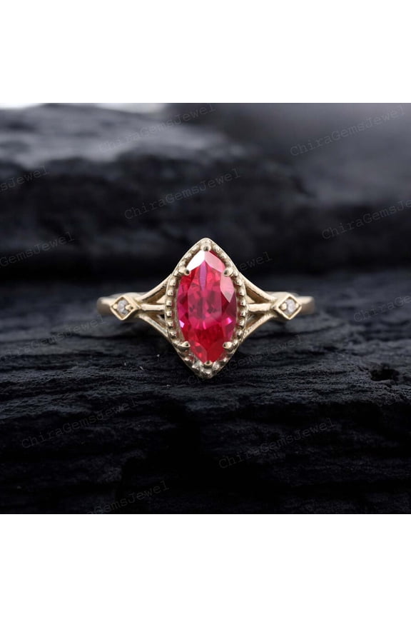 Marquise Cut Ruby Wedding Ring, 8X4MM / 1.5ct July Birthstone Women Diamond Jewelry Proposal Gift for Girlfriend