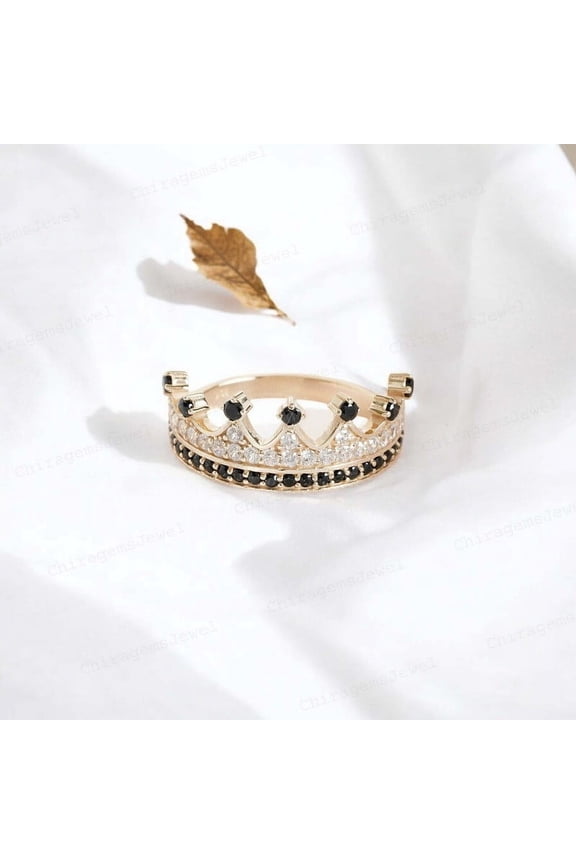 Natural Black Onyx Simple Cute Crown Ring, 2MM / 0.20ct Yellow Gold Diamond Princess Crown Ring , Anniversary Gift for Love
