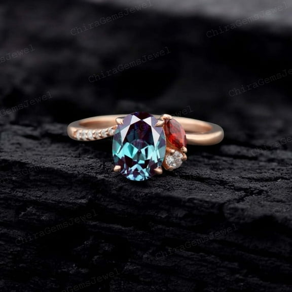 CHIRAGEMSJEWEL Oval Shape Alexandrite Engagement Ring - 1.5 ct / 8X6MM Garnet & Diamond Bridal Wedding Ring Gift for Love