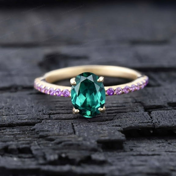 CHIRAGEMSJEWEL Oval Shape Emerald Bridal Wedding Ring, Amethyst Promise Ring - 8X6MM / 1.5 ct May Birthstone Anniversary Gift for Wife