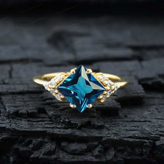CHIRAGEMSJEWEL Princess Cut Swiss Blue Topaz Proposal Ring , Diamond Cluster Women Jewelry, 7MM/1 ct Wedding Gift for Love