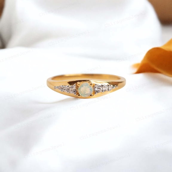 CHIRAGEMSJEWEL Round Shape Fire Opal Engagement Ring, Yellow Gold plated October Birthstone Women FineJewelry Gift for Sister