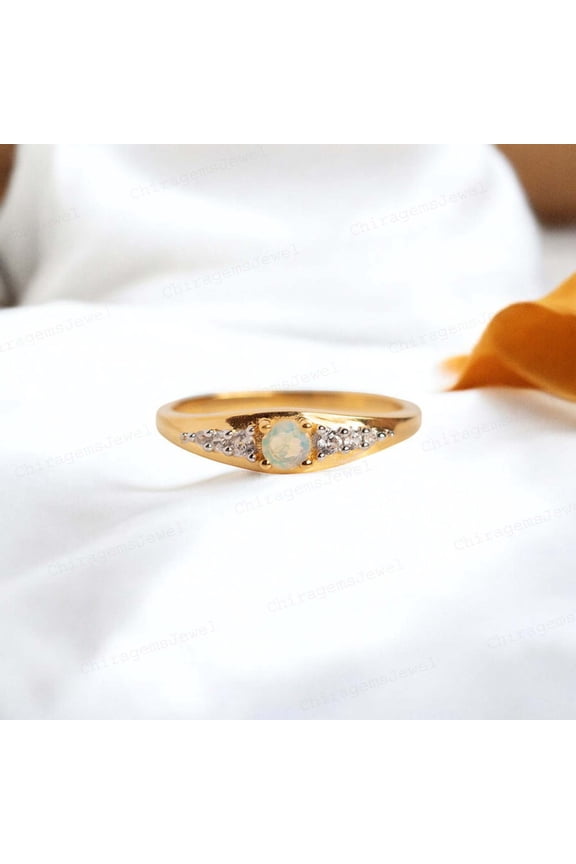 Round Shape Fire Opal Engagement Ring, Yellow Gold plated October Birthstone Women FineJewelry Gift for Sister