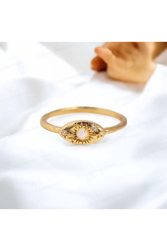 Round Shape Opal Promise Ring , 2MM/0.2ct Yellow Gold Plated Diamond Prong Setting Ring Proposal Gift for Girlfriend