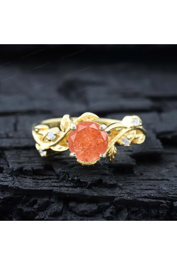 Round Shape Sunstone Nature Inspired Leaf Ring, 5MM / 1 ct Diamond Art Deco Jewelry Proposal Gift for Girlfriend