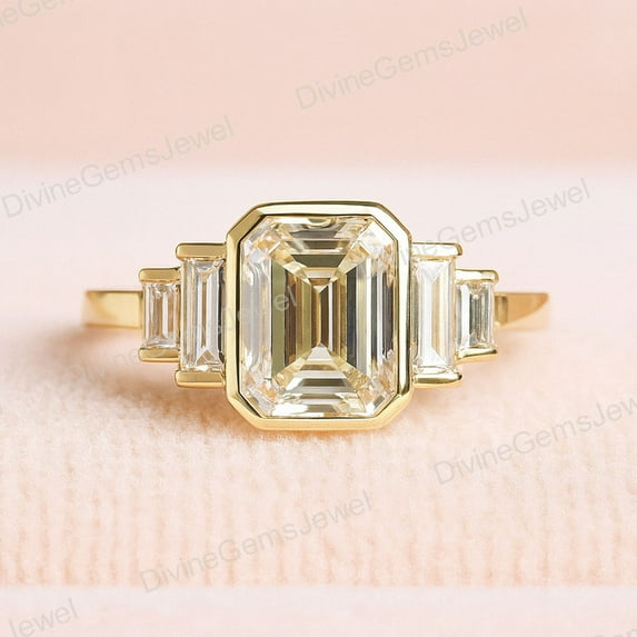 CHIRAGEMSJEWELS Five Stone Cluster Diamond Ring Bezel Set Moissanite Engagement Ring 3 Ct Emerald Cut Moissanite Ring Yellow Gold Wedding Bridle Ring