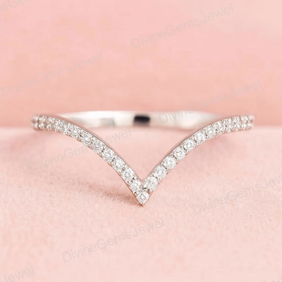 CHIRAGEMSJEWELS V Shape Wedding Band, Round Moissanite Anniversary Band, 925 Silver Bridal Band, Stacking Engagement Band, Matching Proposal, Dainty Band