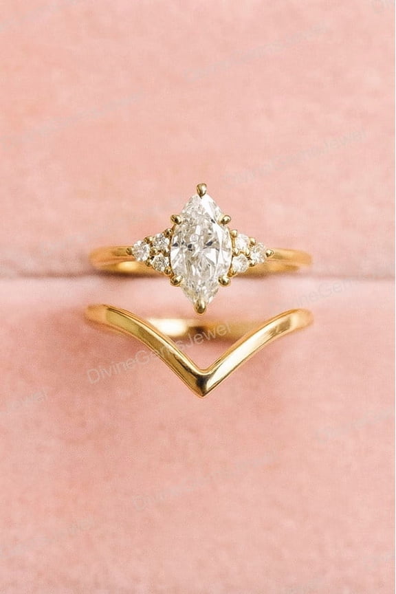 S Yellow gold Marquise moissanite engagement ring set Vintage Marquise Cluster engagement ring Art Deco ring Bridal Promise Anniversary gift