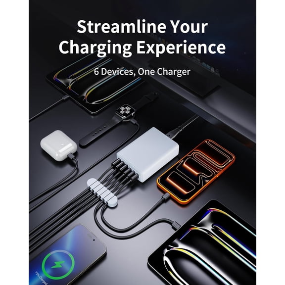 CHISHZL-105W USB C Charger Block, 6-Port USB C Charging Station GaN III PD 20W Laptop Fast Charger Adapter for iPad Pro/Air/Mini, iPhone 17/16/15/14/13/12/11, Samsung and More (Cable Organizer Includ