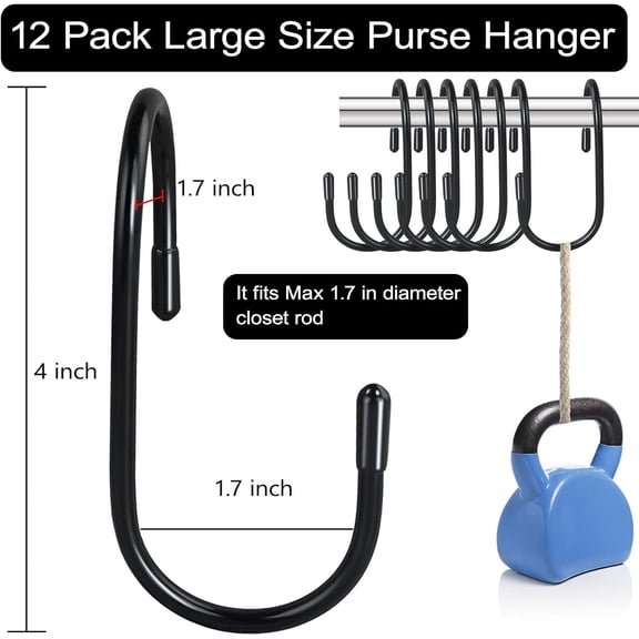 CHISHZL-12 Pack Heavy Duty Twist Design Purse Hanger for Closet - Anti-Slip Vinyl Coated Metal 4 inch Large S Hooks, Multipurpose Organizer for Purses, Handbags, Belts, Scarves, Hats, Black