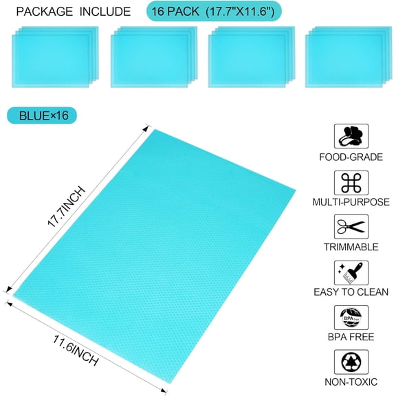 CHISHZL-16 Pcs Refrigerator Liners Mats Washable, Refrigerator Mats Liner Waterproof Oilproof, Fridge Liners for Shelves, Cover Pads for Freezer Glass Shelf Cupboard Cabinet Drawer (16 Blue)