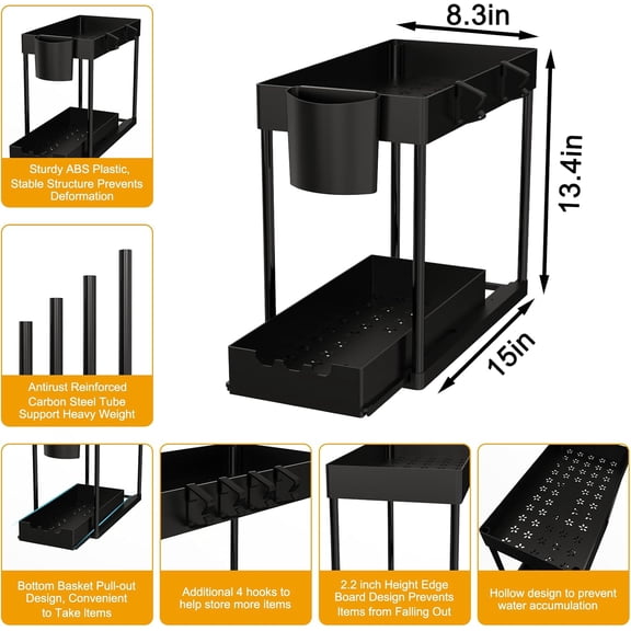 CHISHZL-2 Pack Under Sink Organizers and Storage, 2-Tier Sliding Cabinet Organizer Drawer for Bathroom and Kitchen  Multi-Purpose Cabinet Organizer with Easy Pull-Out Design (Black)