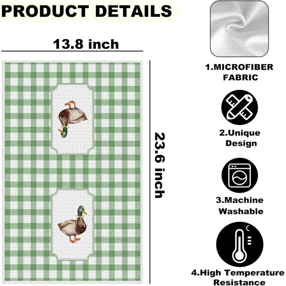CHISHZL-2 Pcs Cute Duck Pattern Kitchen Towels Dish Towel, Green Plaid Waffle Hand Towels for Kitchen Home Bathroom, Absorbent Dishcloths Reusable Tea Towel, Housewarming Gifts for Women Mom Friend