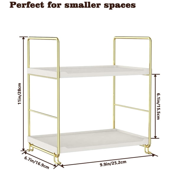 CHISHZL-2-Tier Kitchen Spice Rack - Freestanding Stackable Bathroom Countertop Storage Shelf - Cosmetic Organizer Holder- Square Standing Rack (Golden)