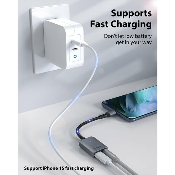 CHISHZL-2-in-1 USB C to 3.5mm Headphone Charge Adapter AUX Mic Jack with PD Fast Charging High Resolution DAC for Earphones iPhone 17 16 15, Galaxy S25 /24/S24+/S23/S22/S21, iPad Pro, Pixel 9/8/7