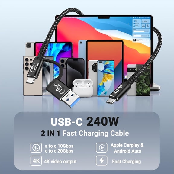 CHISHZL-20Gbps USB c Cable for Android auto [6.6ft 2Pack],2-in-1 USB 3.1 CarPlay Cable Fast Charge & Data Transfer, Compatible with iPhone 16 15 Pro Max, Galaxy S23 S22 Ultra Note 20, SSD