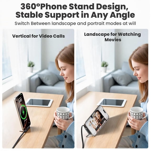 CHISHZL-240W USB C to USB C Cable with Built-in Metal Phone Stand, 4.9FT Invisible Holder Charging Cable Type C, 90 Degree Braided Flat USB C Charging Cable, Foldable USB C Charger Cable for iPhone15