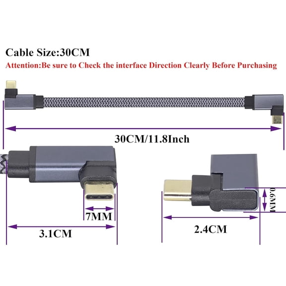 CHISHZL-2Pack Right Angled USB 3.1 Type c to Type C 10Gbps Connector Cable 60W&3A 90 Degree Left Angle Type C 3.1 USB Male Fast Charging 4K Display Short Flat Cable for Laptop&Mobile Phone.(0.3M-M/M)