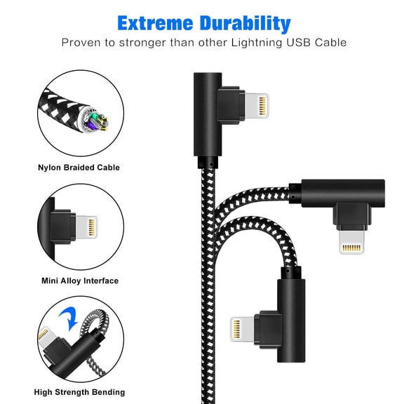 CHISHZL-[3-Pack] Right Angle iPhone Charging Cable Nylon Braided 90 Degree Elbow Design Compatible with iPhone Xs Max/XS/XR/X, 8 7 6s 6 Plus, SE, 5s, 5c, 5, iPad Mini/Air/Pro (Black White, 10ft)