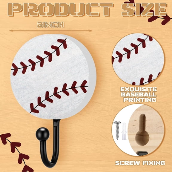 CHISHZL-4 Pcs Baseball Wall Decor 2 Inch Vintage Baseball Hooks for Wall Sports Room Decor for Boys Wood Coat Hooks Wallmounted Bathroom Towel Hanger for Home Entryway Playroom Hats Keys