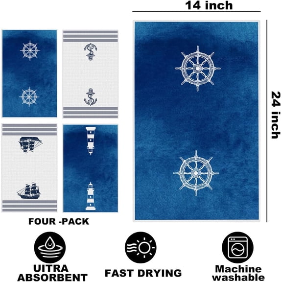 CHISHZL-4 Pcs Nautical Kitchen Towels 24x14 Inch, Nautical Decor Reusable Dish Towels for Kitchen Coastal Bathroom Decor, Waffle Weave Hand Cloth Tea Towel, Navy Blue Gifts for Women Mom Friend