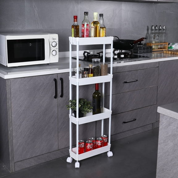 CHISHZL-4 Tier Slim Storage Cart Mobile Shelving Unit Organizer Slide Out Storage Rolling Utility Cart Tower Rack for Kitchen Bathroom Laundry Narrow Places, Plastic & Stainless Steel, White