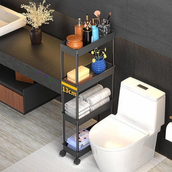 CHISHZL-4 Tier Slim Storage Cart,Rolling Storage Cart,Narrow Shelf,Bathroom Rack,Mobile Shelving Unit Organizer for Kitchen, Bathroom, Laundry Room, Black