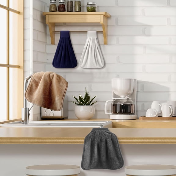 CHISHZL-6 Pcs Kitchen Hanging Towel with Hanging Loop Absorbent Coral Fleece Kitchen Tie Towels Rustic Bathroom Dish Cloth Soft Thick Dry Cleaning Hand Dishcloths for Home Bathroom Cooking(Neutral)