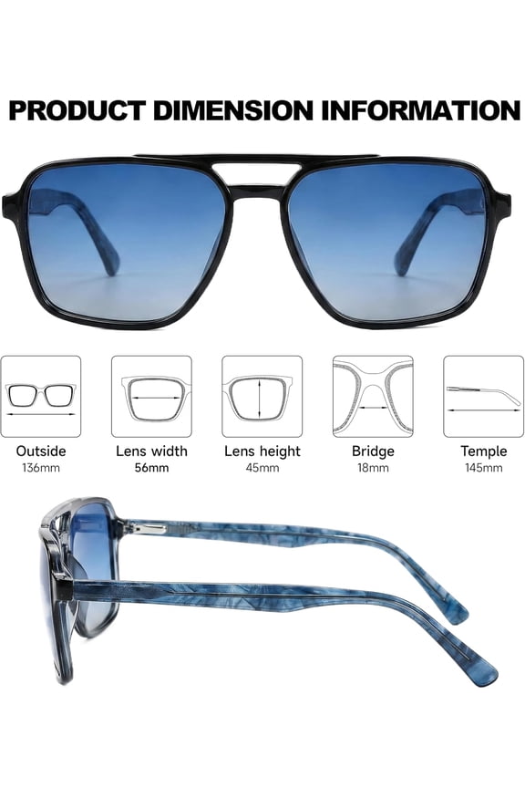 -60s Retro Square Aviator Sunglasses for Men Women, Acetate Frame, Polarized, Face Flattering & All-Day Wear