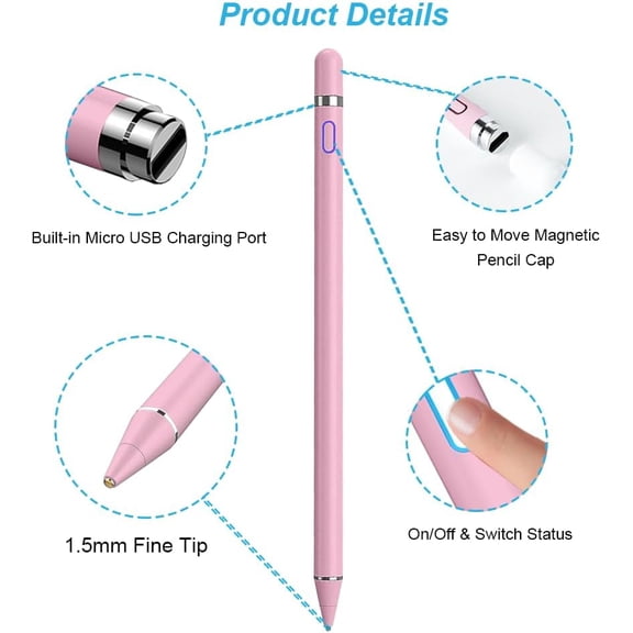 CHISHZL-Active Stylus Pen for Touchscreen, iPad Pencil 1.5mm Fine Point Pen, Digital Pens Rechargeable for Tablet, Stylus Pens Compatible with iPad Air/Mini/Pro/Android/iPhone and Most Device - Pink
