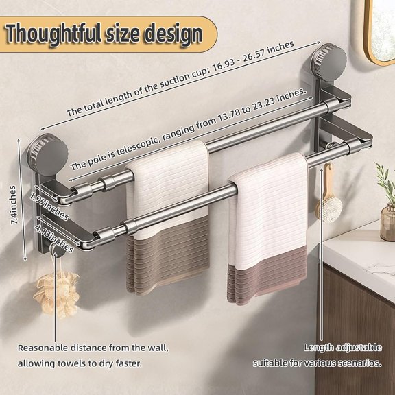 CHISHZL-Adjustable Suction Cup Towel Rack for Corner & Right Angle Spaces, No Drilling Bathroom Towel Bar with Vacuum Suction, Rustproof Stainless Steel (Two Adjustable rods13.8-23.2inches)