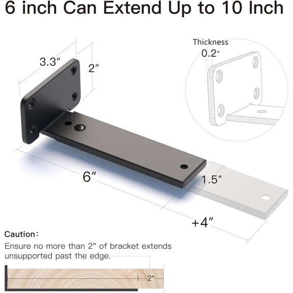 CHISHZL-Adjustable T Shelf Brackets Extensible 6/8/10 Inch 4 Pack ,1/5'' Thick Heavy Duty Floating Brackets, Telescoping Shelf Brackets for Tight Corners, RVs & Flexible Storage Spaces,Kitchen,Garage
