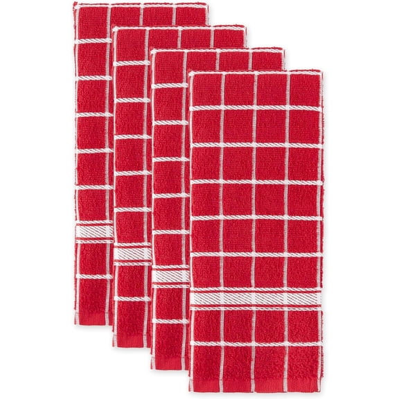 CHISHZL-Basic Terry Collection Windowpane Dishtowel Set, 16x26, Red Check, 4 Piece