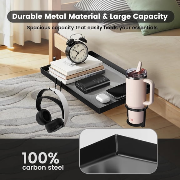 CHISHZL-Bedside Shelf Metal, Clip-On Metal Bed Shelf for College Dormitory Loft Nightstand Organizer Tray with Cup Holder Data Cable Clip Hook for Bunk & Loft Beds Dorm Room Essentials for Boy Girl